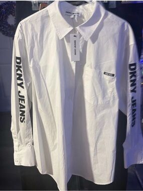 Dkny White Button-Down Shirt with Black Sleeve Logo size 2x NWT women’s